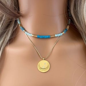 Moon and Stars Gold Medallion Necklace with Blue Gold Beaded Necklace Set- New